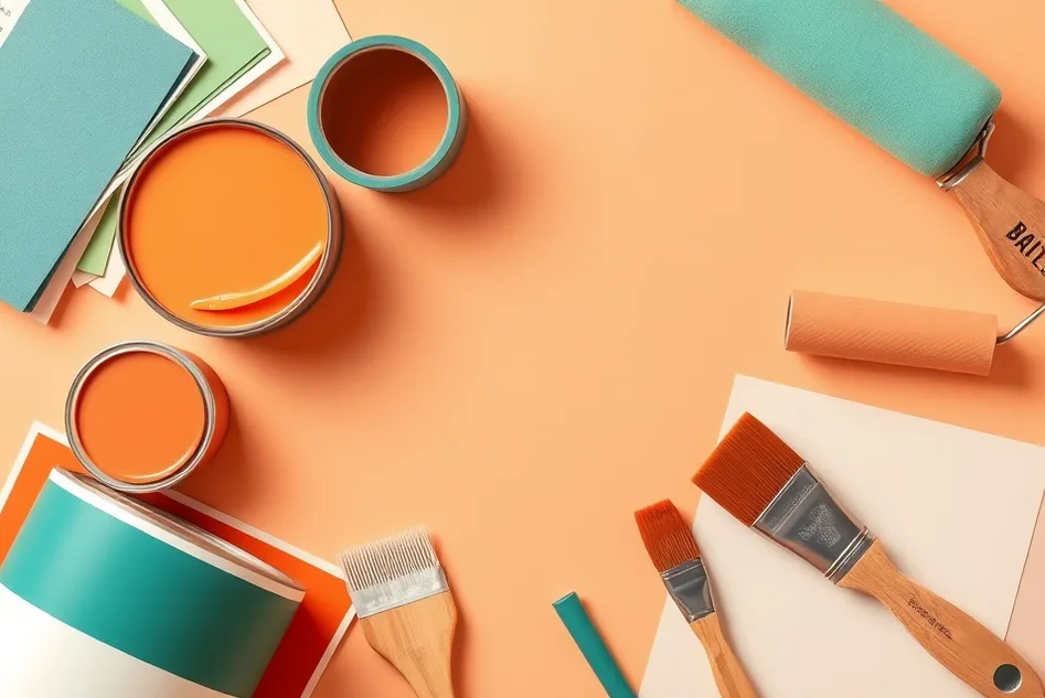 Pots de peinture, nuancier, brosses et rouleaux disposés à plat