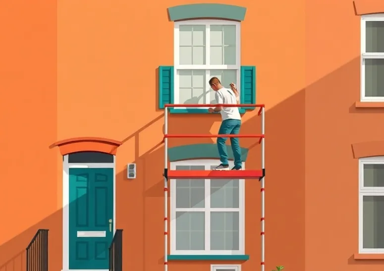Peintre sur échafaudage traitant la façade d'une maison