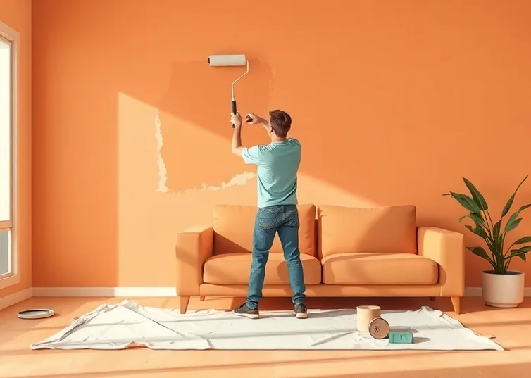 Peintre appliquant la peinture au rouleau sur un mur de salon